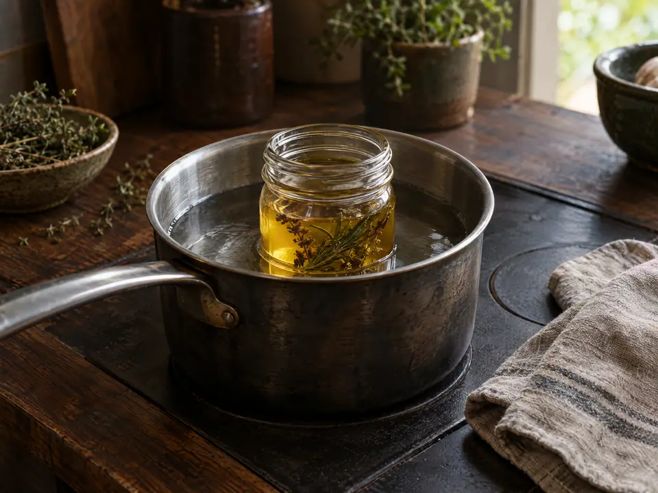 Tarro con hierbas infusionándose en un cazo al baño maría