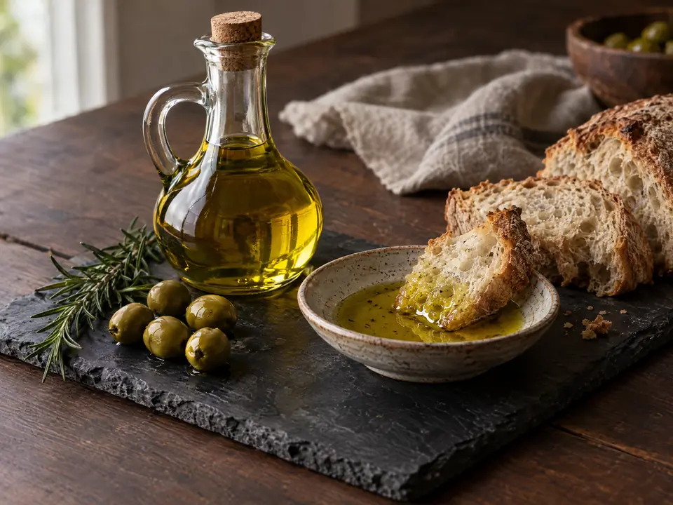 Aceitera de vidrio con aceite de oliva junto a pan y aceitunas